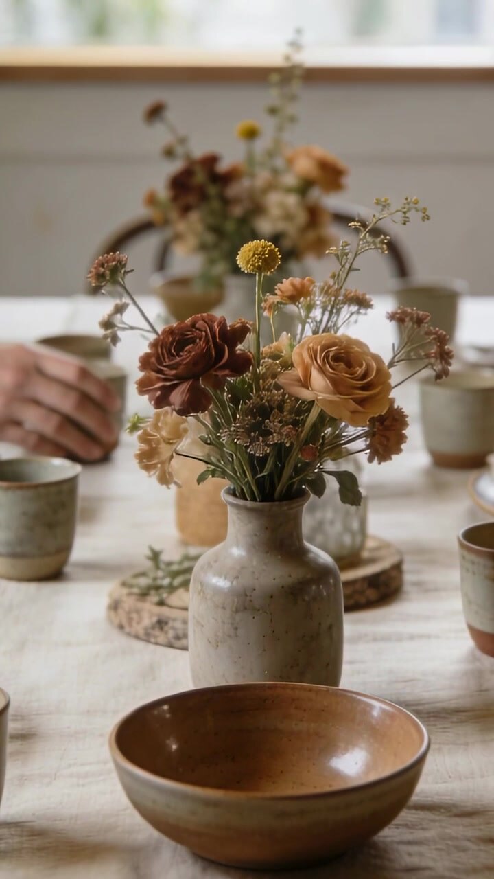 Vertical video: Entering left hand in long sleeve adjusting cup tidying at home with dried bouquet