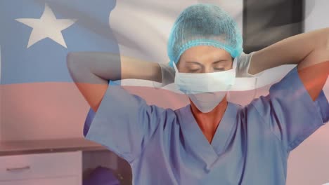 animation of flag of chile waving over surgeon in face masks