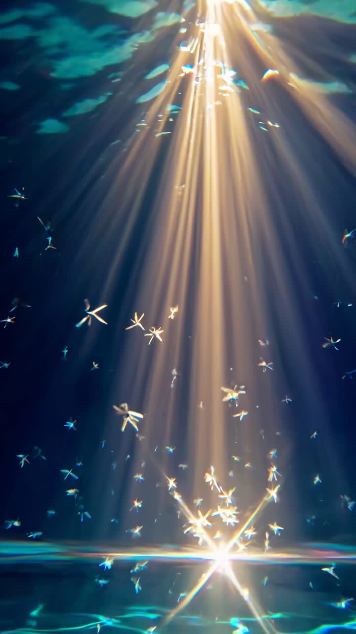 Underwater video scene with sun rays filtering through, capturing floating particles