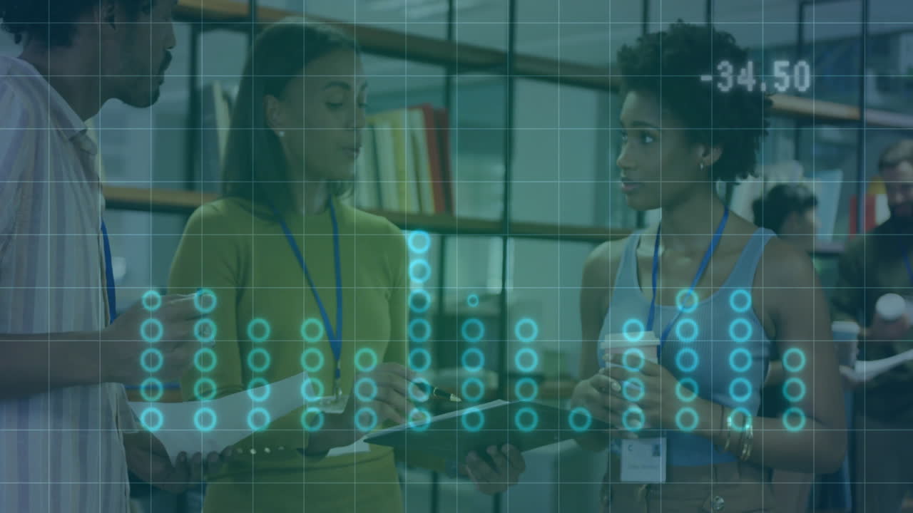 Animation of diagrams over diverse colleagues talking in office