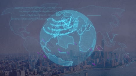 animación de senderos de luz y procesamiento de datos sobre el globo giratorio y el mapa del mundo contra el paisaje urbano