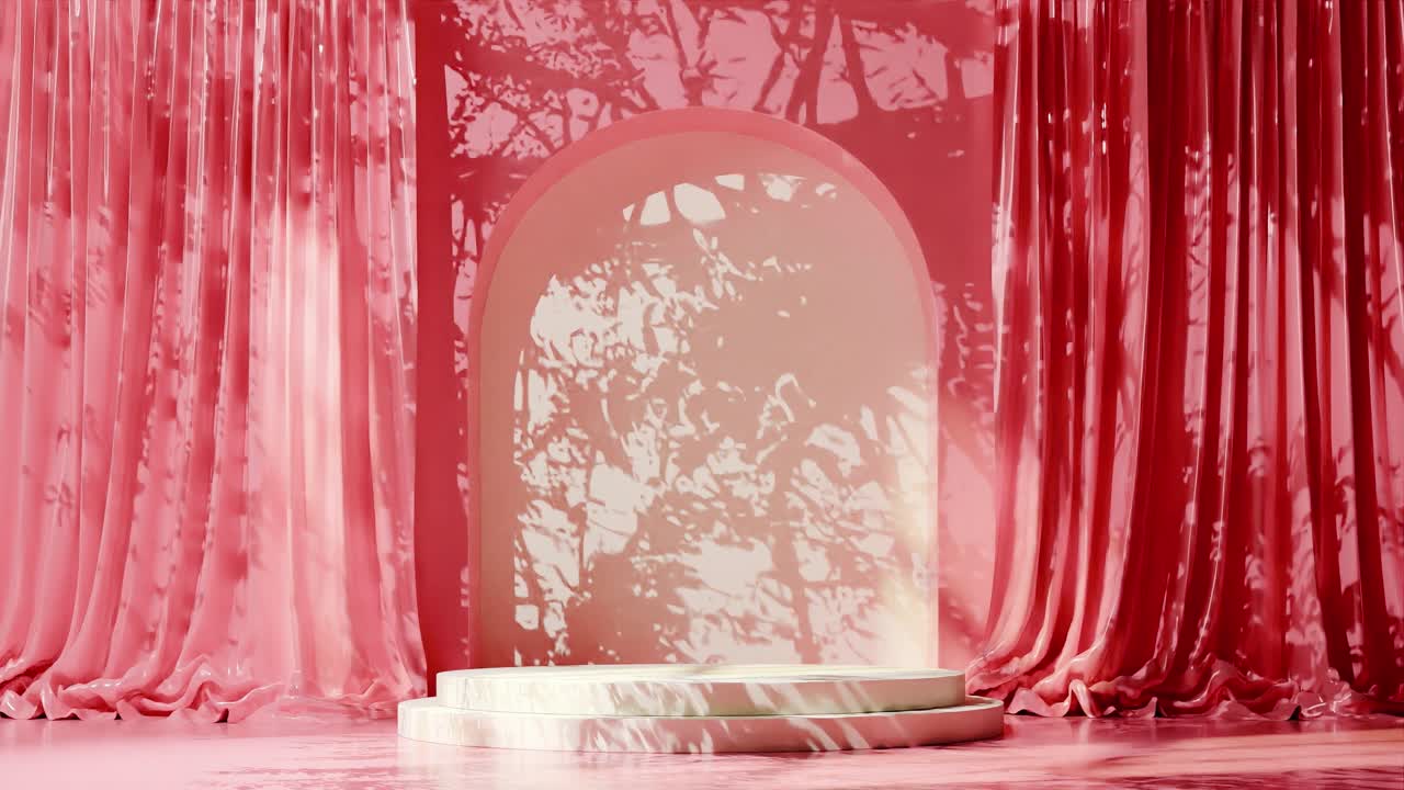 Empty white podium with arch on red floor and draped curtains, with tree shadows. Elegant and romantic decor concept. Design for banner, poster, wallpaper, greeting card, Template with copy space.