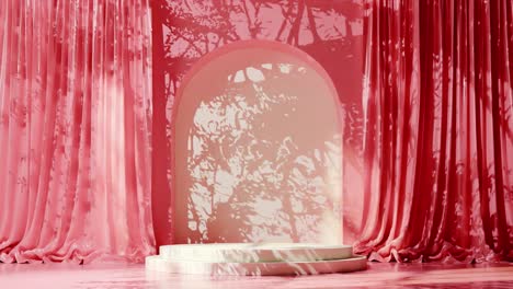 empty white podium with arch on red floor and draped curtains, with tree shadows. elegant and romantic decor concept. design for banner, poster, wallpaper, greeting card, template with copy space.