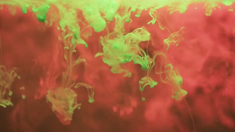 video en cámara lenta de tinta de acuarela rosa y verde mezclándose en agua contra un fondo negro