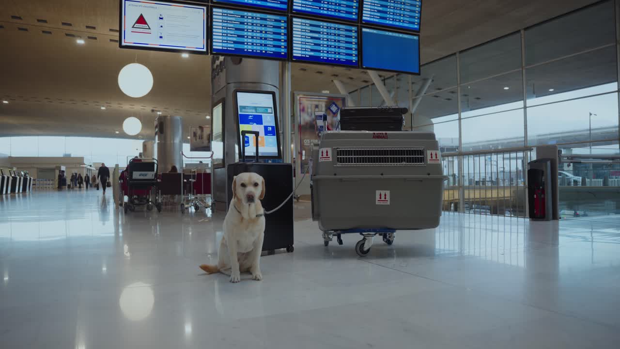 Dog at the airport waiting for flight. Traveling with a Labrador Retriever on a plane. Flying with dogs, airport departure, pet travel, animal transport, dog crate, pet-friendly flight, dog training