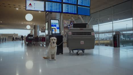 dog at the airport waiting for flight. traveling with a labrador retriever on a plane. flying with dogs, airport departure, pet travel, animal transport, dog crate, pet-friendly flight, dog training