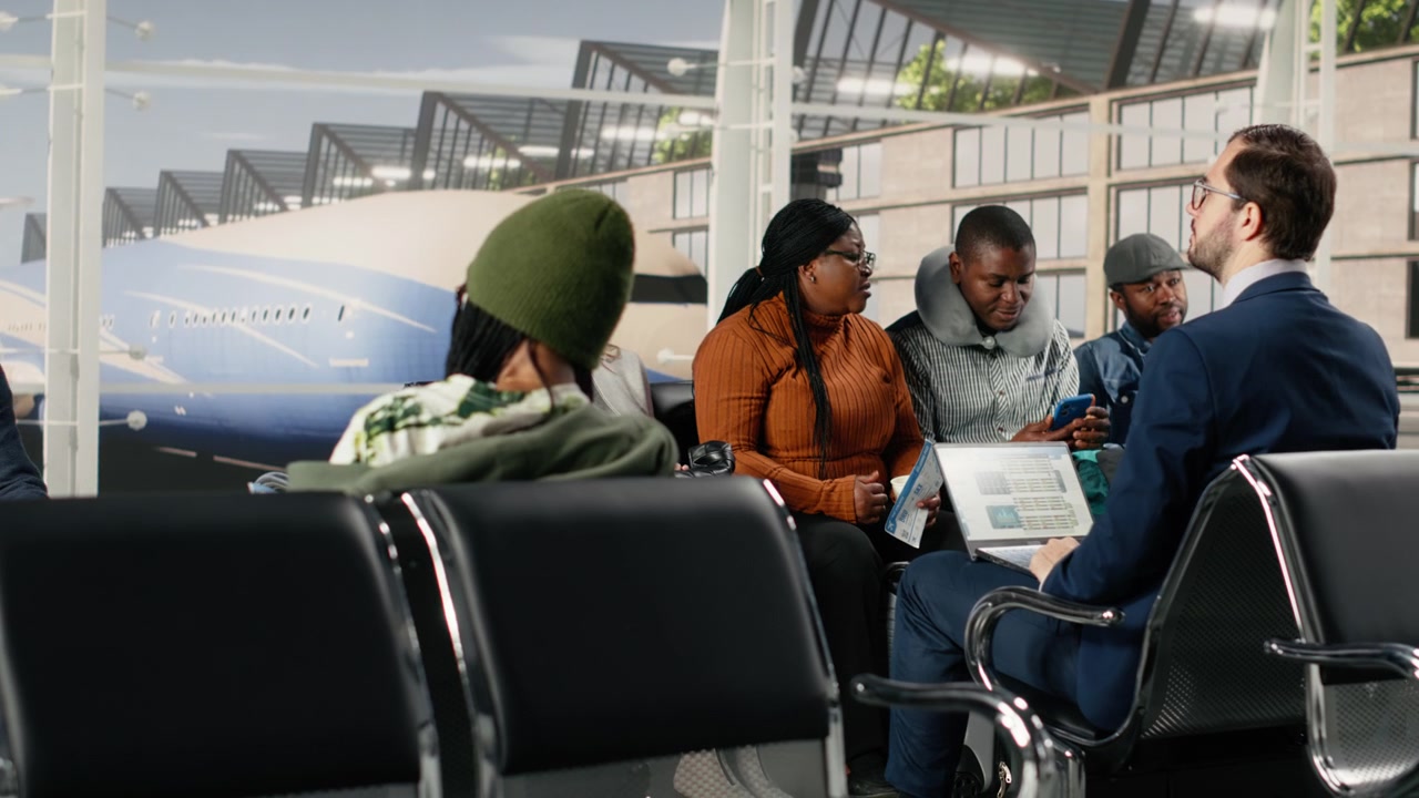 Angry man shouting and making phone calls in airport, annoyed by flight delay