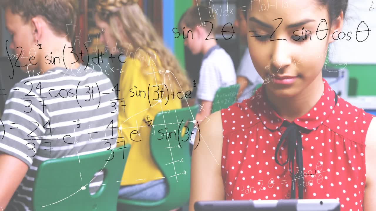 estudiantes y ecuaciones matemáticas con figuras