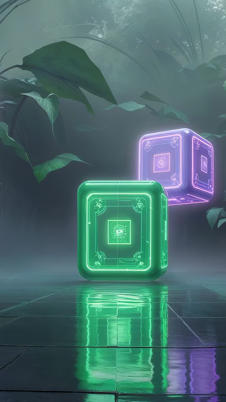 Vertical video: Starting neon green cube turning amid mist in garden with neon purple cube emerging