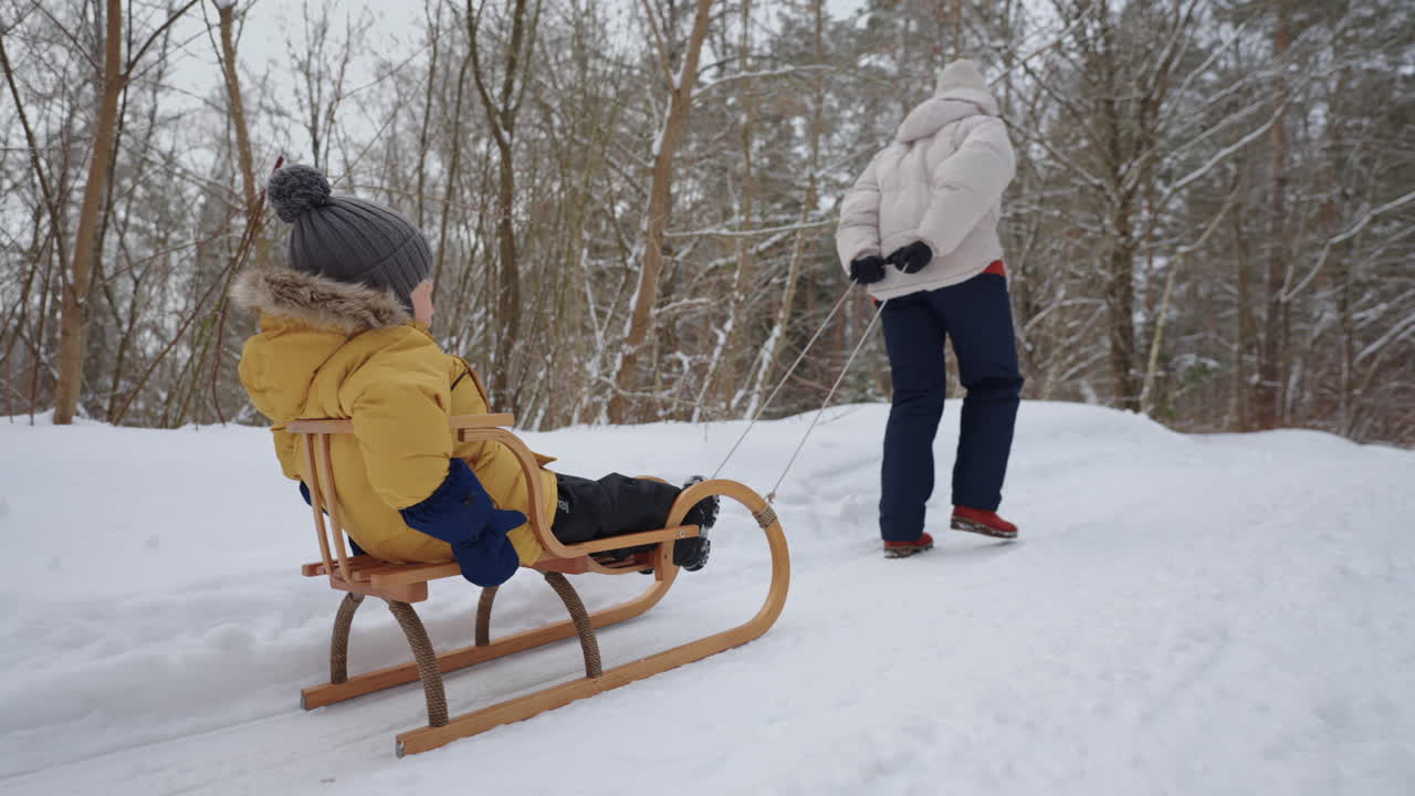 frío día de invierno en el parque natural la mujer y su pequeño hijo están en trineo sobre la nieve
