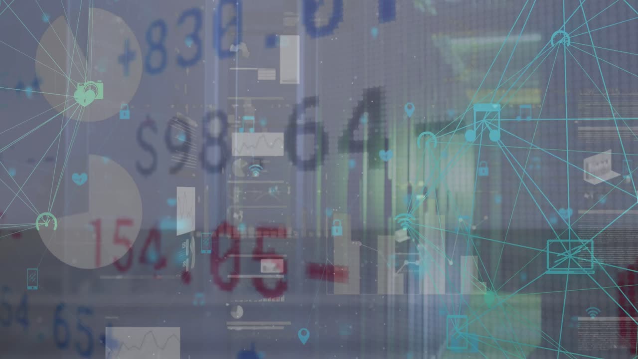 인포그래픽 인터페이스를 통해 움직이는 주식 시장 데이터를 가진 연결된 아이콘의 애니메이션