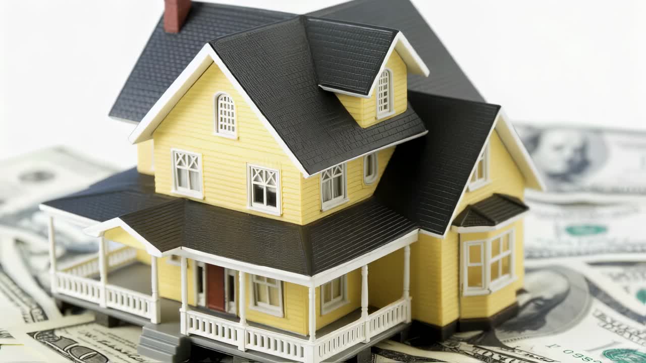 Yellow model house sitting on a bed of one hundred dollar bills isolated on a white background represents real estate investment, home ownership, and the financial aspects of buying a property