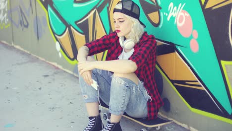 Trendy-young-urban-woman-waiting-on-her-skateboard