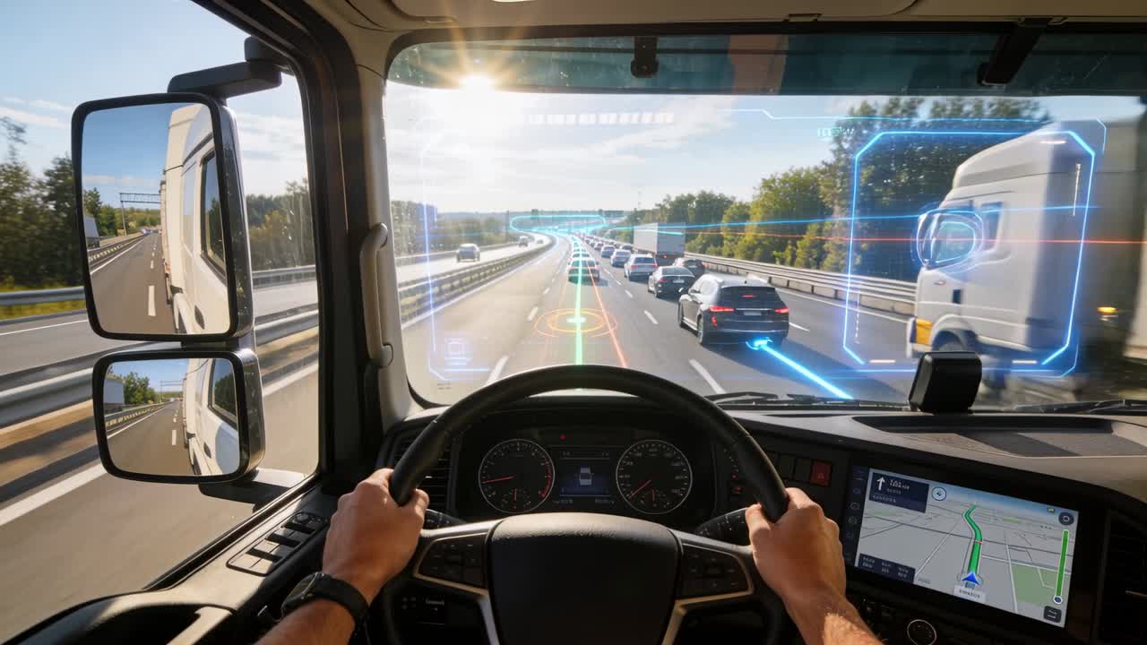 Reagendo al passaggio di un rimorchio, un autista con maglietta scura tiene fermo il volante in autostrada, con HUD GPS.