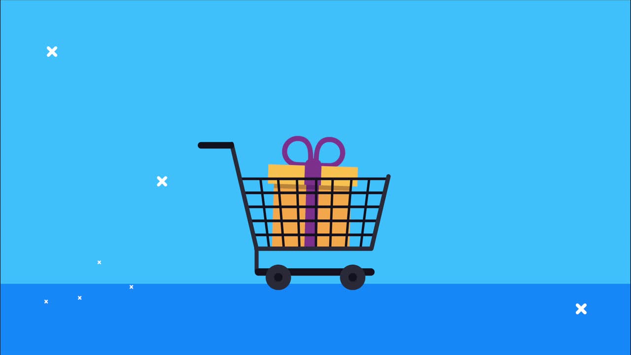 쇼핑 카트와 선물과 함께 쇼핑 시장 애니메이션