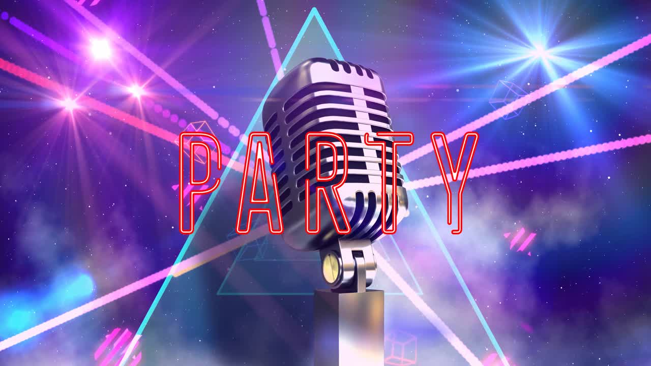 빛의 반 ⁇ 이는 반점 위에 부분 텍스트와 레트로 마이크의 애니메이션