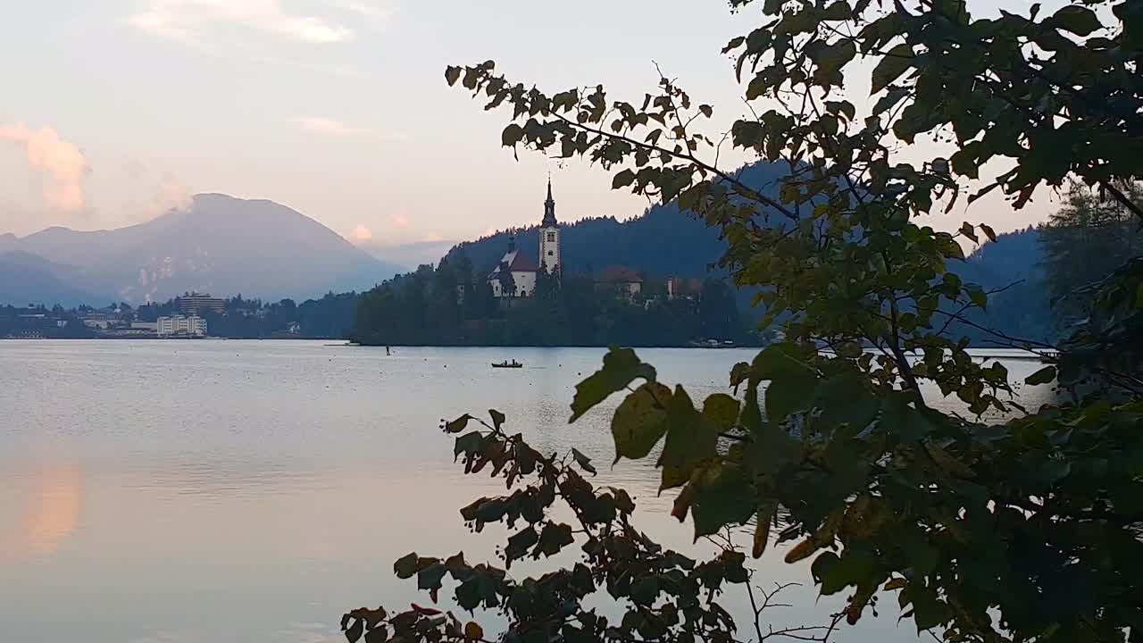 Carrellata dietro i rami, che rivela la chiesa su un'isola, sul lago di Bled, in una soleggiata sera d'estate, in Slovenia