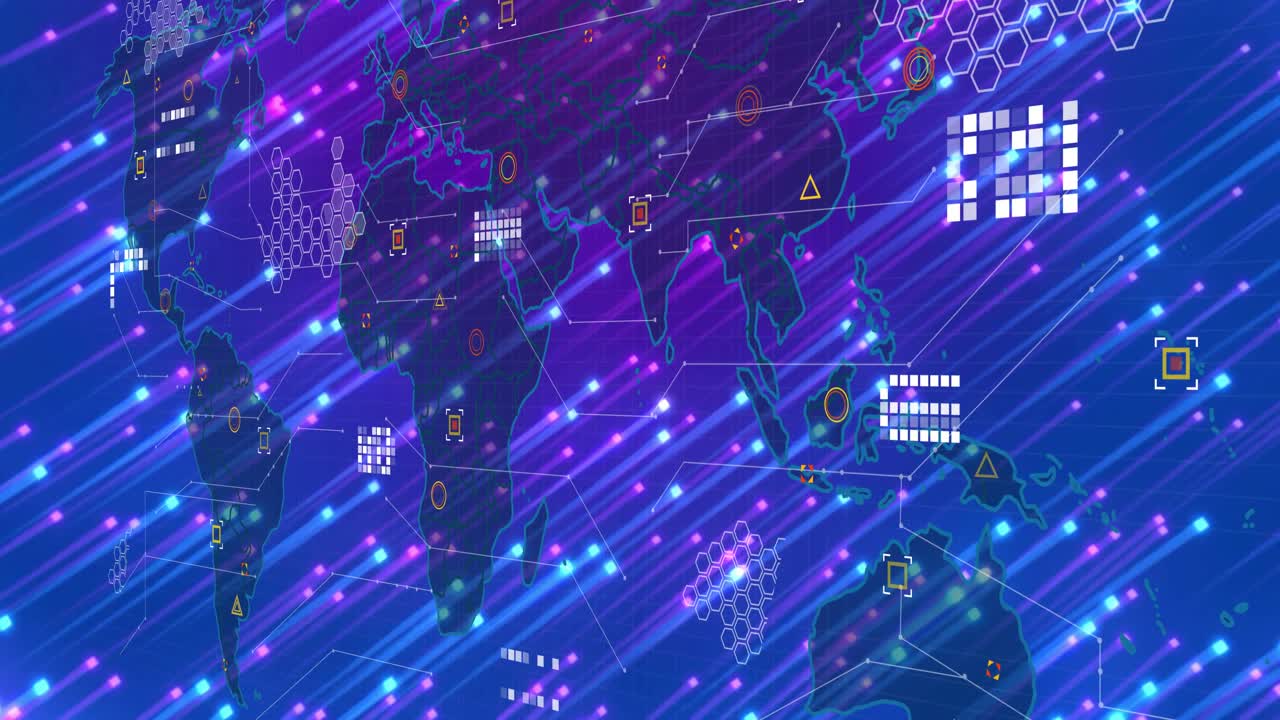 Blue streaks sweeping, revealing map overlay populating with nodes and links for global monitoring