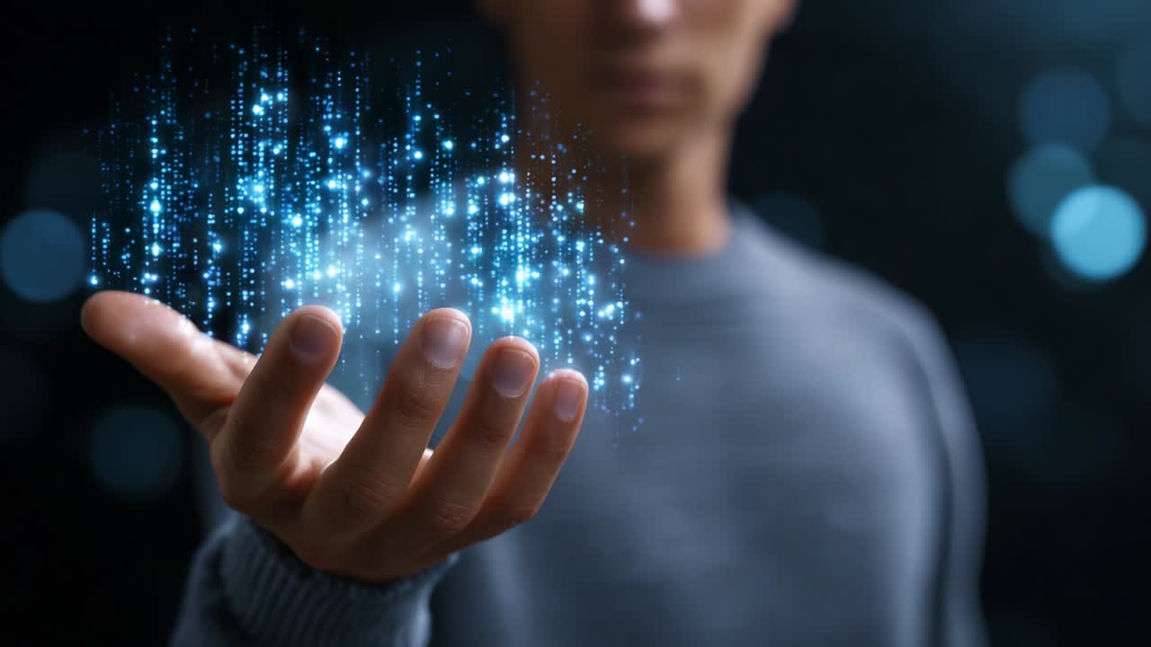 A mesmerizing visual representation of digital data manifesting in the palm of a hand, capturing the intersection of technology and imagination. The dynamic sparkles of light symbolize endless possibilities and innovation