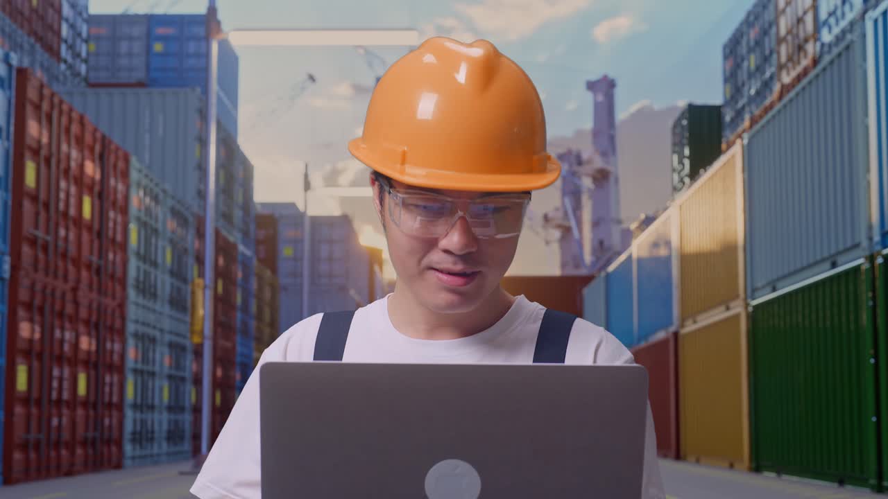 close up de hombre asiático trabajador con gafas de protección y casco de seguridad sonriendo y señalando a una computadora portátil en la mano mientras estaba de pie en el almacén de contenedores