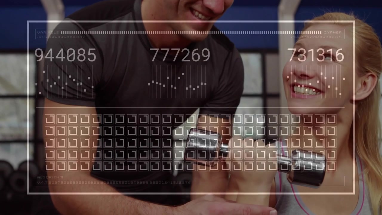 Trainer placing hand on client elbow initiating bicep curl in fitness gym tracking metrics overlay