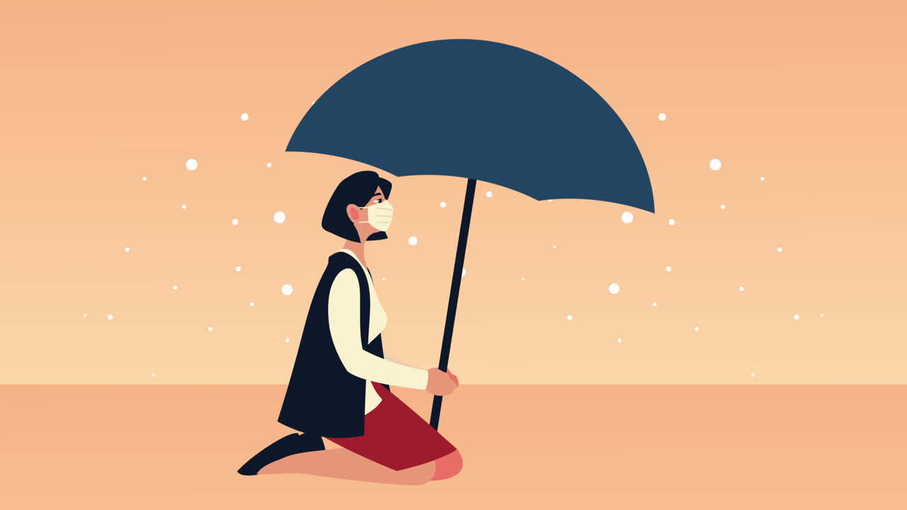 우산과 함께 의료 마스크를 착용 한 사업가