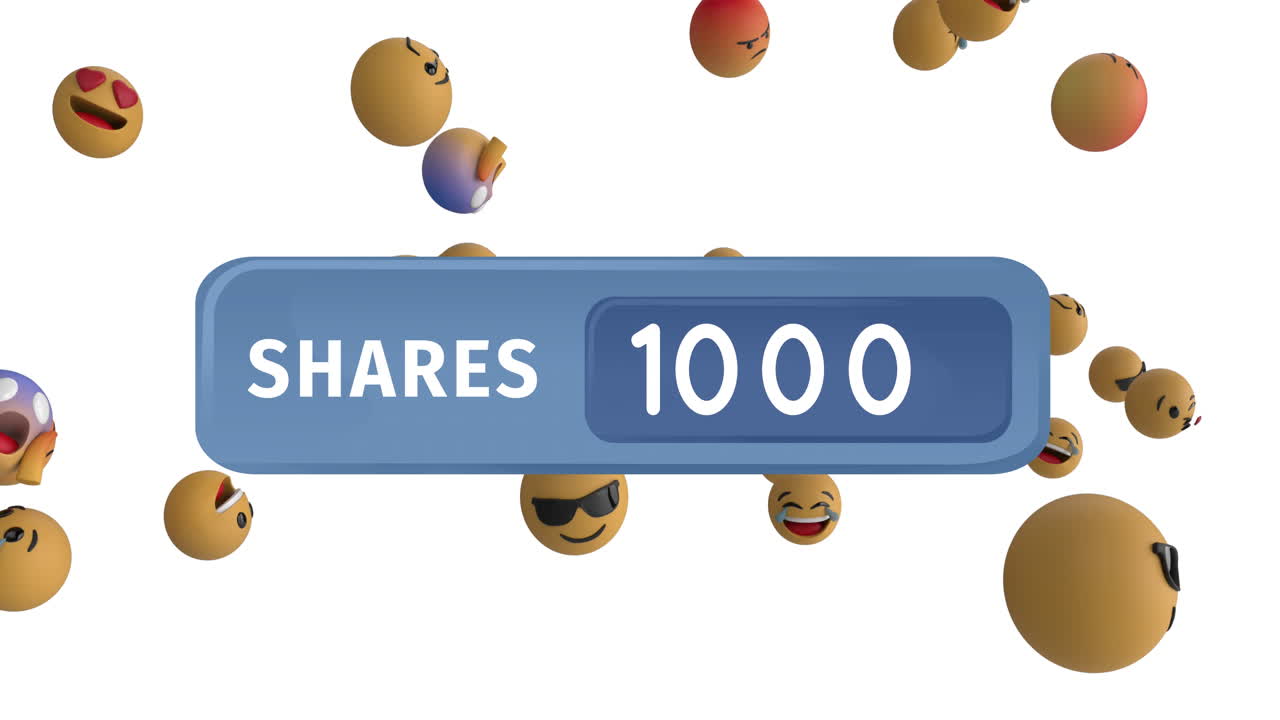 Animation of numbers changing and shares text in blue banner with emojis on white background