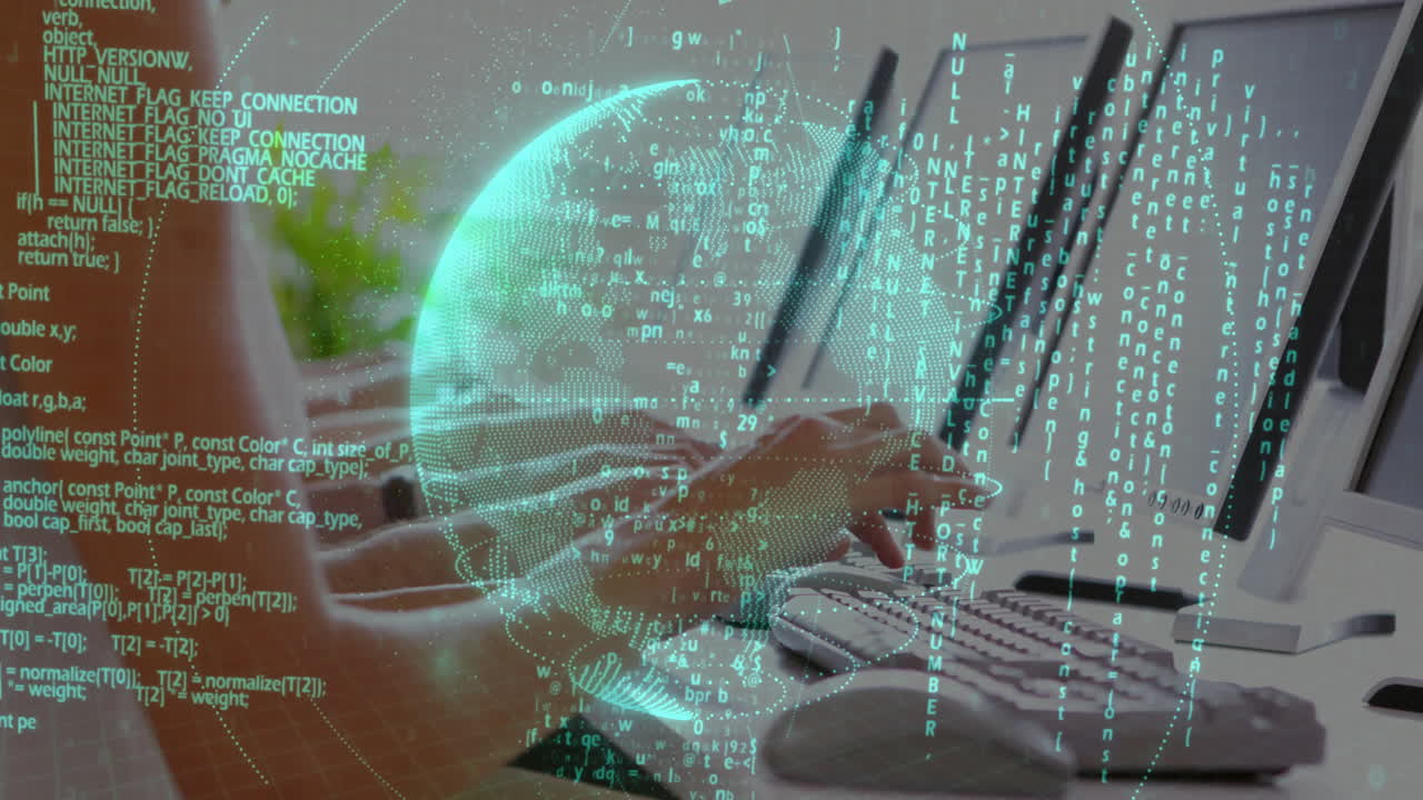 Animation of financial data processing and globe over diverse business people using computers