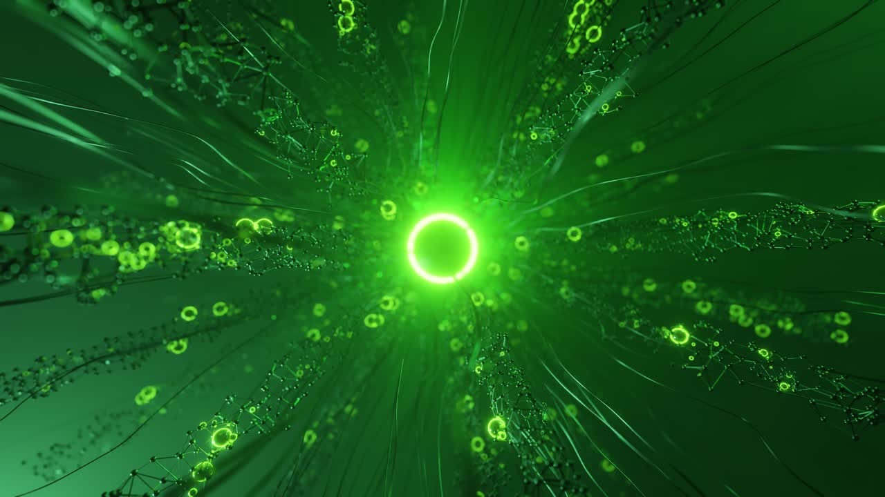 Virtual network with glowing center. 3d animation render