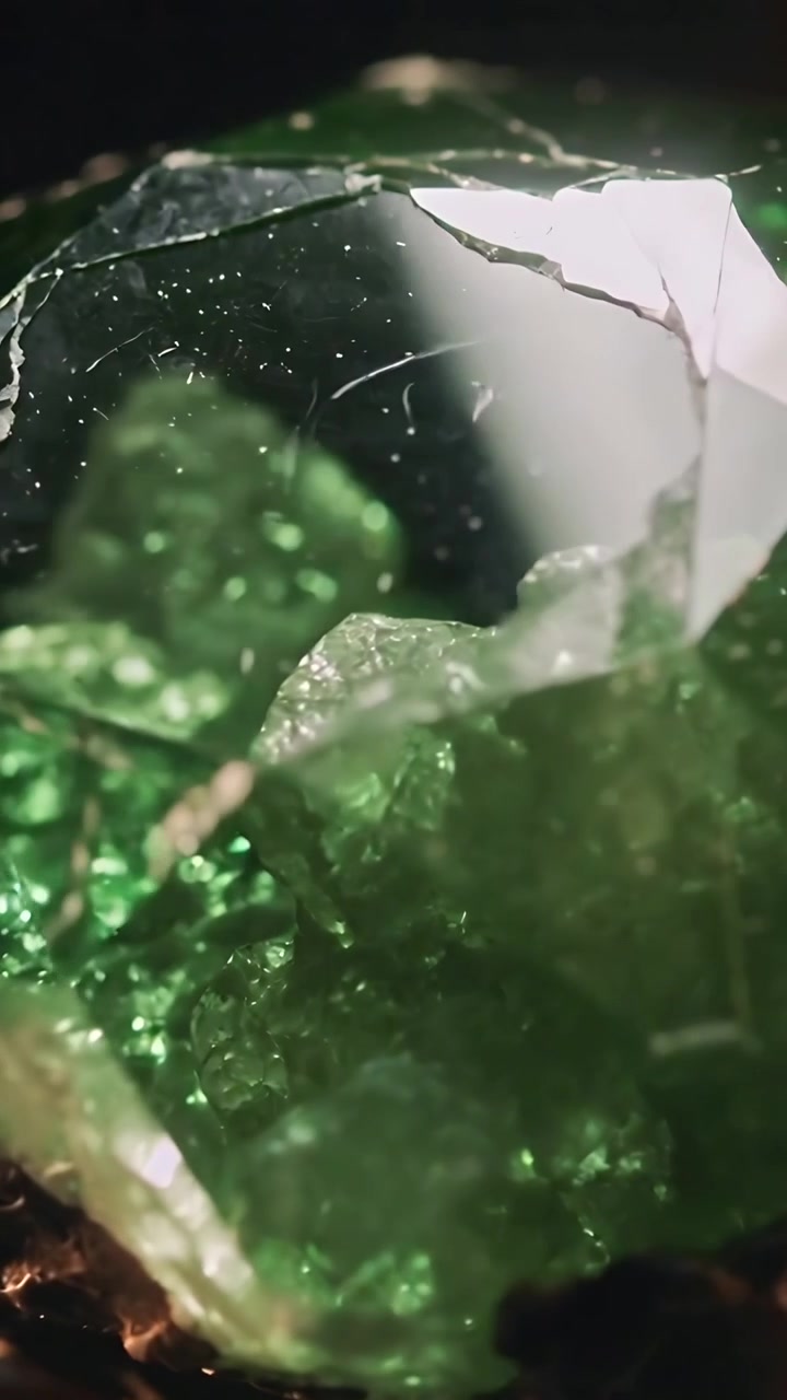 Vídeo vertical: Câmera em movimento revelando gema verde escura em estúdio, para revelar facetas e veias douradas