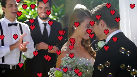 animación de corazones rojos sobre pareja caucásica casándose