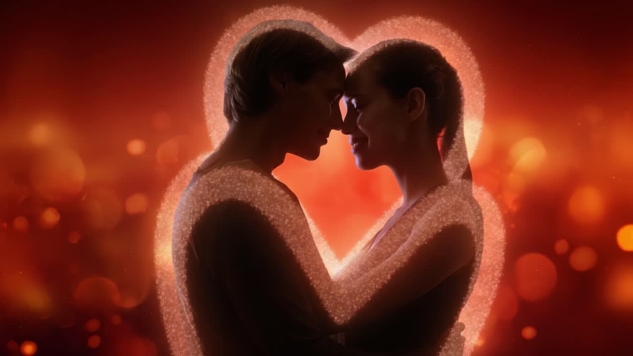 Une étreinte romantique : un couple partageant un moment d’amour capturé dans une lueur magique avec des formes de cœur illuminant leur connexion et leur affection