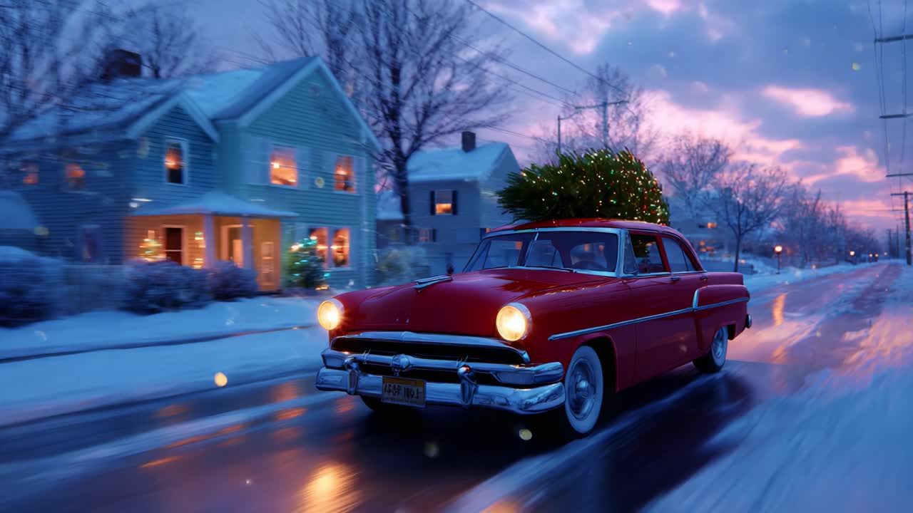 Ein roter Oldtimer mit einem Weihnachtsbaum auf dem Dach fährt in der Dämmerung durch eine verschneite Nachbarschaft mit Häusern, die mit Weihnachtsbeleuchtung geschmückt sind und den fröhlichen Geist der festlichen Winterzeit verkörpern.