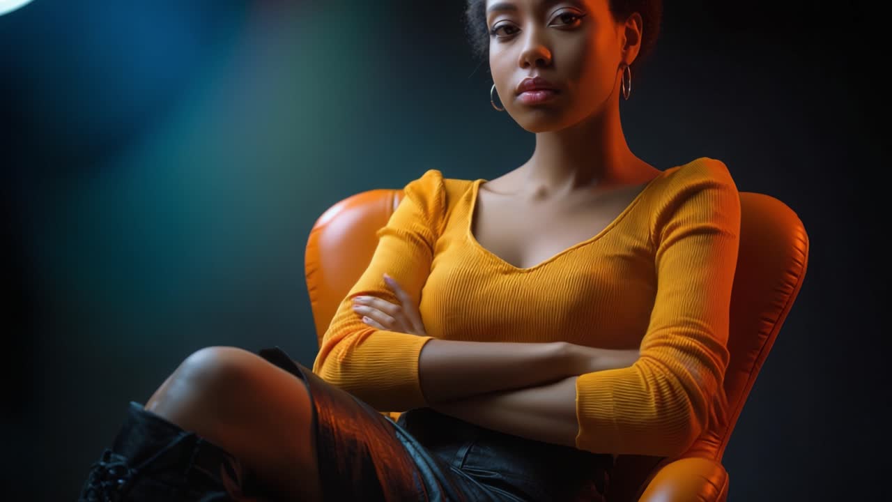 Retrato Dramático de uma Mulher em uma Cadeira Laranja, Capturado em Baixa Iluminação com Forte Contraste e Expressão Marcante, Exibindo Escolhas de Moda Ousadas e Atitude.