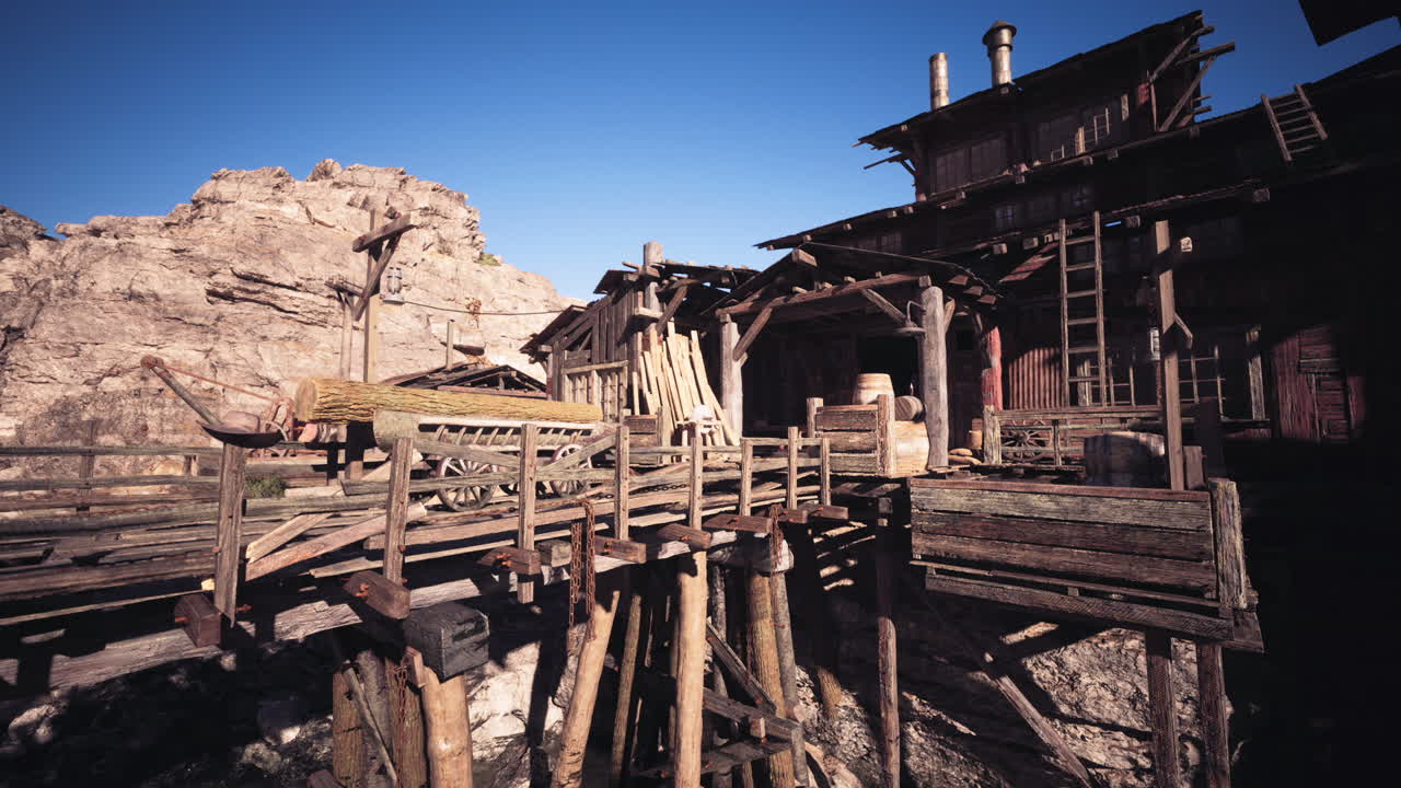 Ponte rustico in legno che conduce a una vecchia struttura mineraria in un paesaggio desertico
