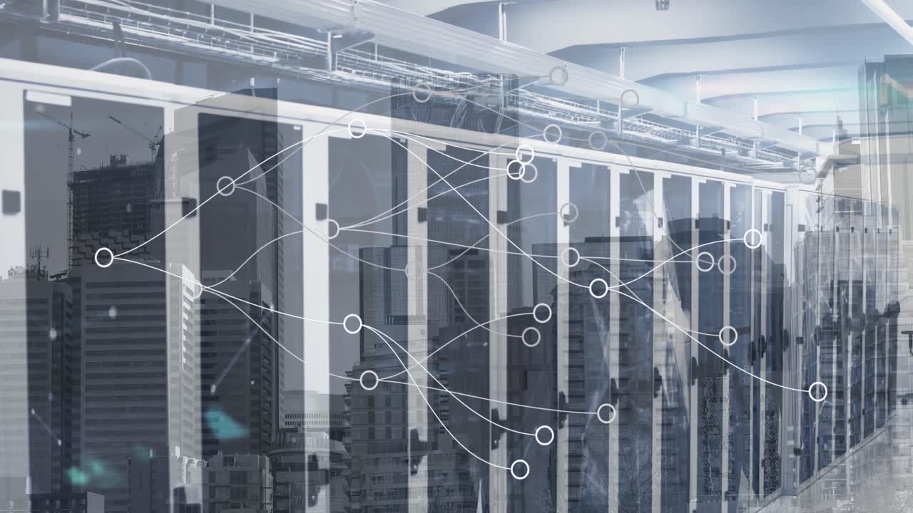 animación de la red de conexiones a través de la sala de servidores y el paisaje urbano