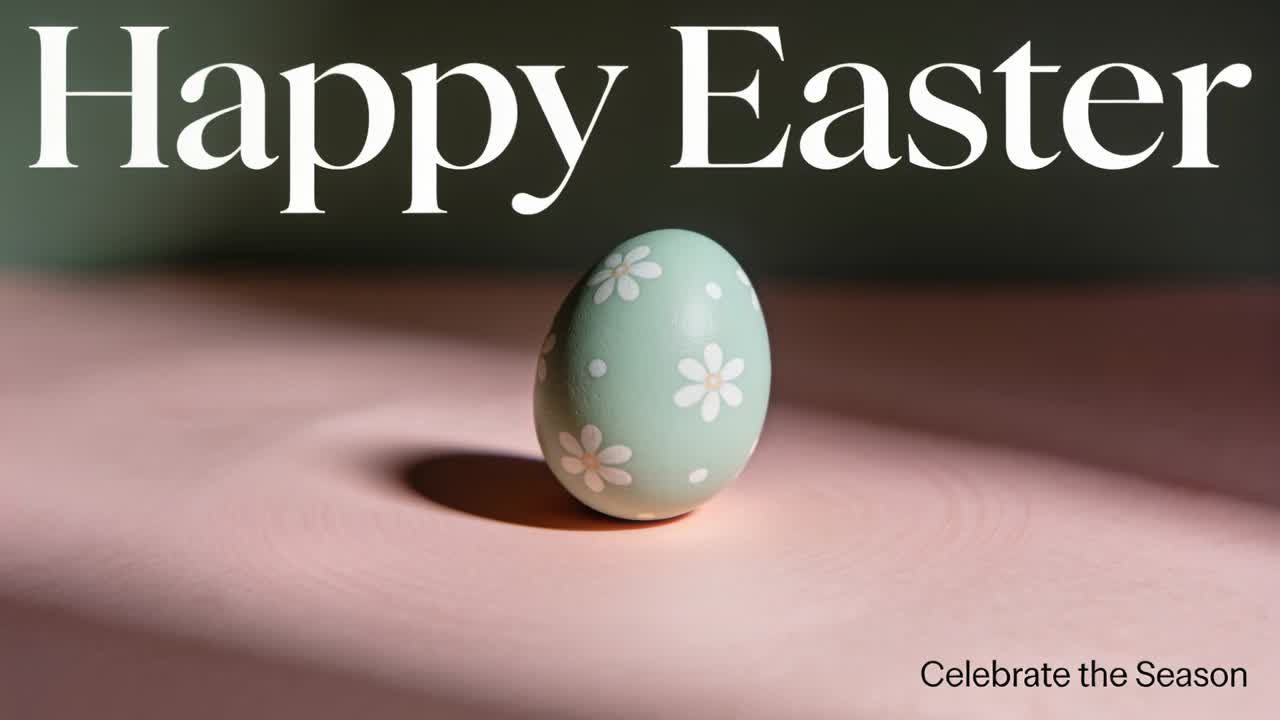 Uovo di Pasqua color menta che ruota mentre l'inquadratura avanza su un tavolo rosa, con l'ombra che si sposta e l'augurio "Buona Pasqua".