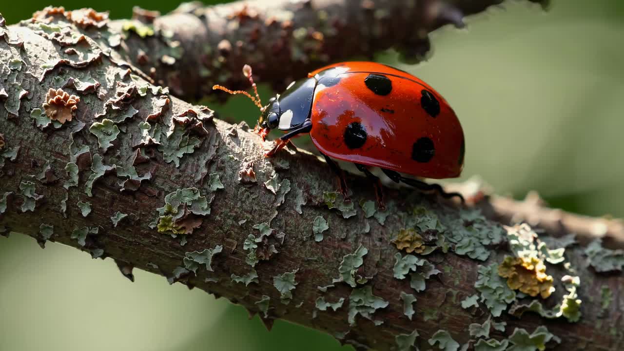Close-up video of a ladybug on a lichen-covered branch, showcasing vibrant colors and intricate