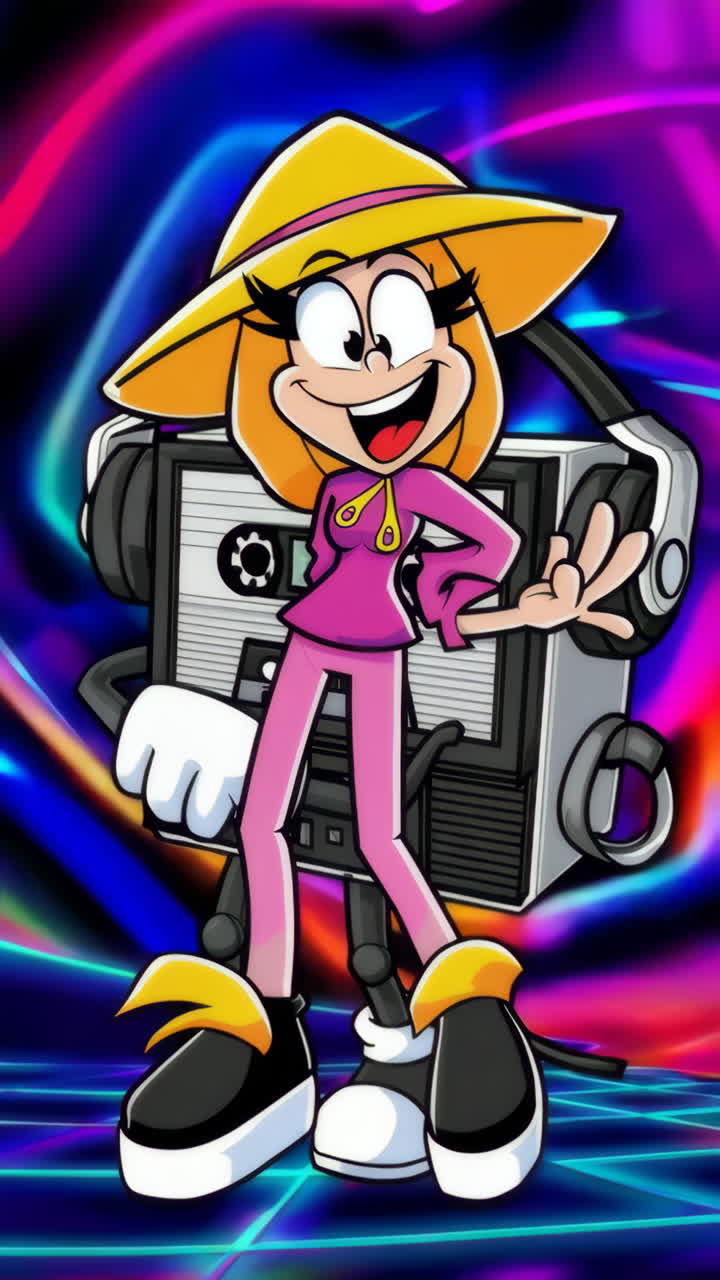 Retro Cartoon Characters with Cassette Tape and Headphones in Neon Grid Background