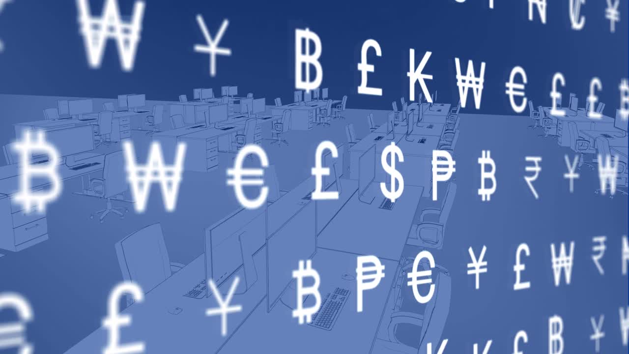 파란색 배경에 대한 3d 오피스 모델 위에 여러 통화 기호의 애니메이션