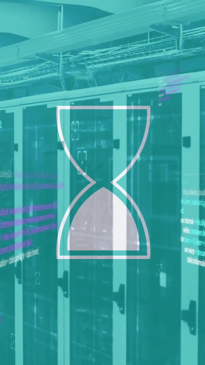 Animation of data processing with hourglass over server room