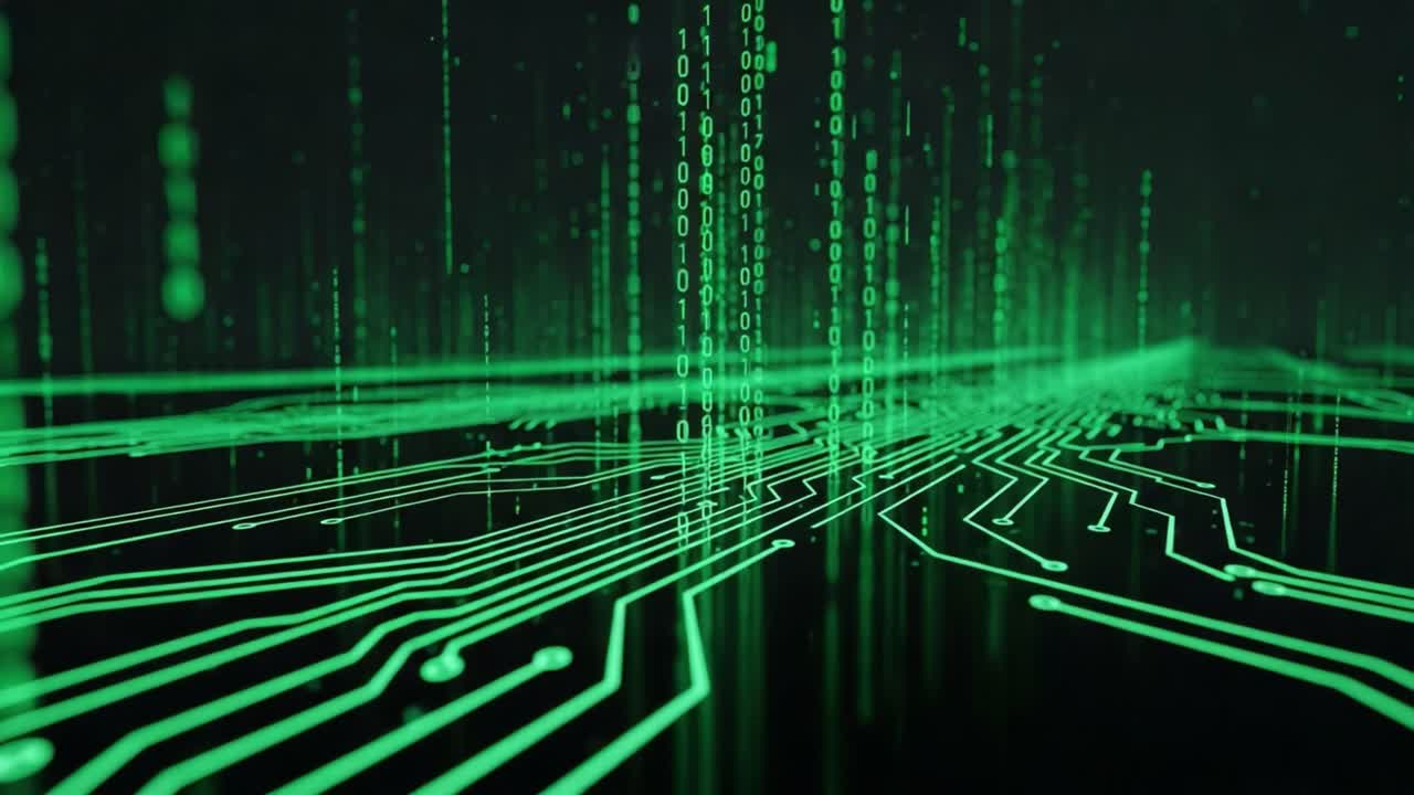 Exploring the Depths of Digital Reality: A Visual Journey Through Intricate Green Binary Code Patterns and Circuitry in a Futuristic Landscape