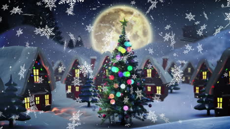 animación digital de copos de nieve cayendo sobre el árbol de navidad y varias casas en el paisaje de invierno
