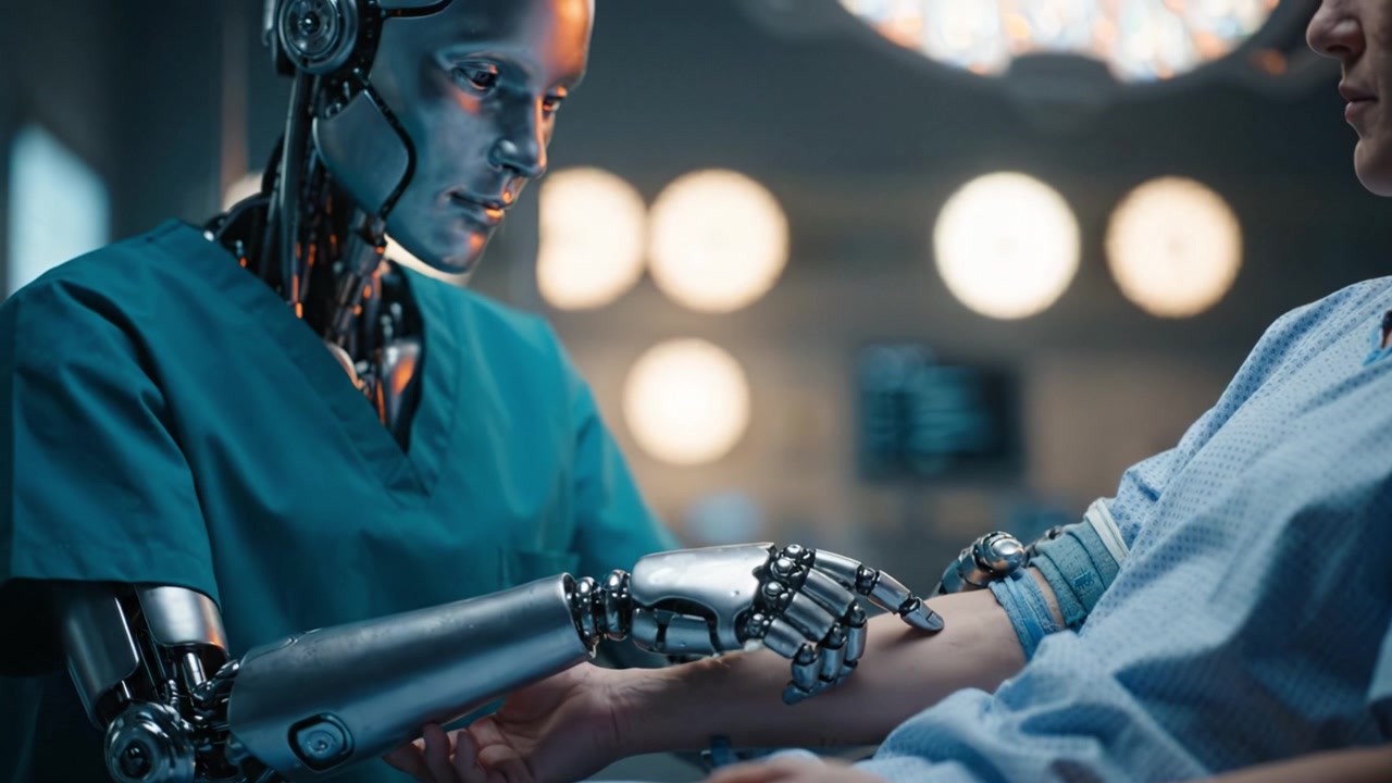 Humanoidní robot v lékařském oblečení jemně drží ruku pacienta ve futuristickém lékařském prostředí, předvádějící pokroky v technologii zdravotní péče a robotice