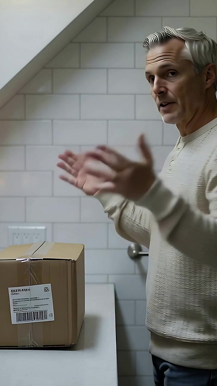 Vertical video: Carrying labeled box man in sweater placing on bathroom sink, explaining