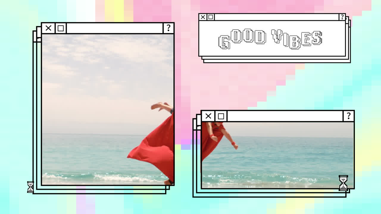 해변에서 아버지와 아들의 좋은 진동의 애니메이션