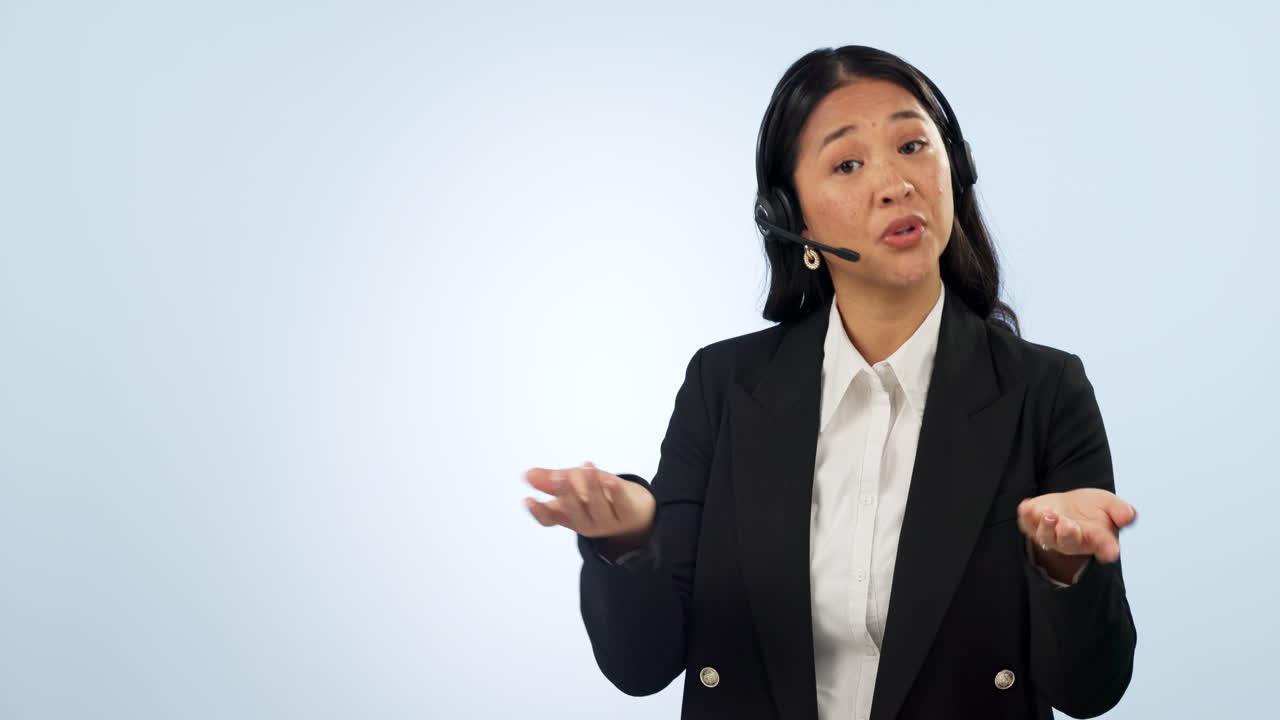 Face, pointing and woman with call center headset