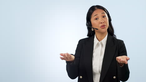 face, pointing and woman with call center headset