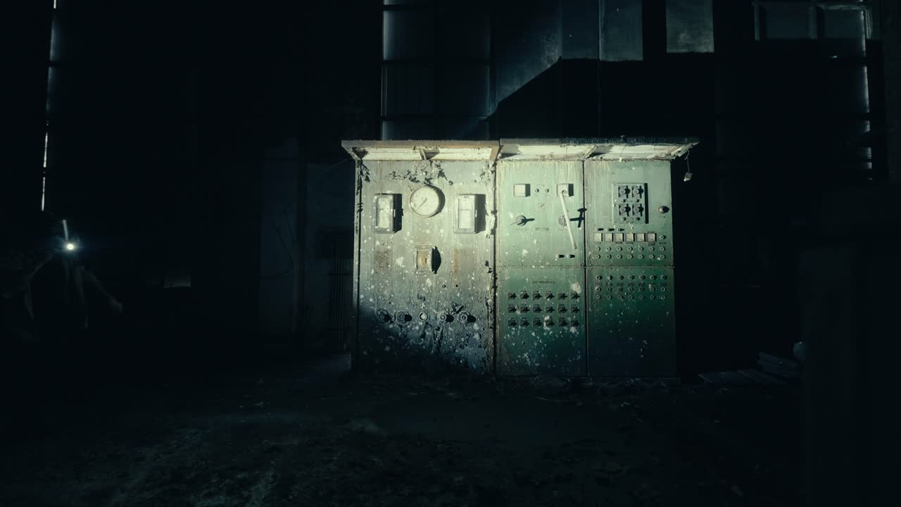 Person with Flashlight Illuminating Old Control Panel in Abandoned Factory