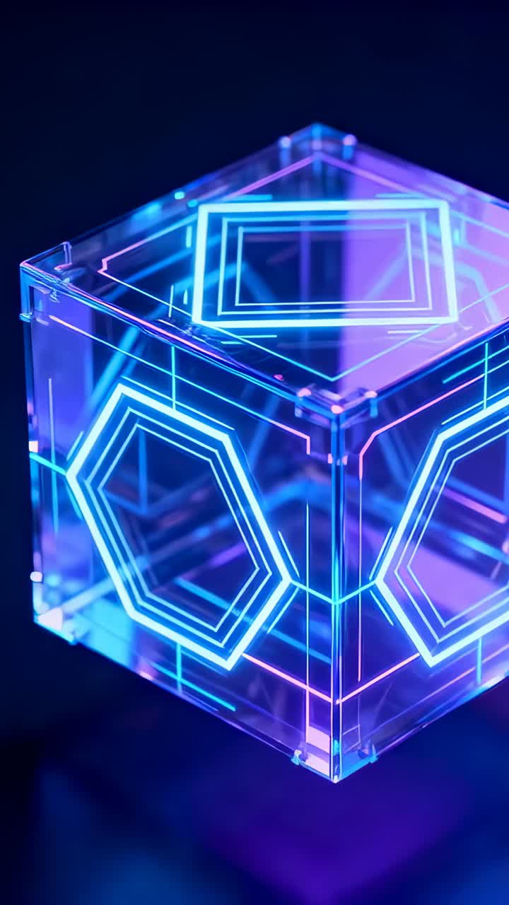 Vertical video: Approaching acrylic cube, camera revealing neon hexagon and square on dark tabletop